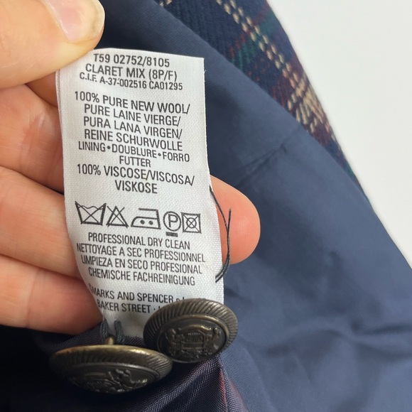 Vintage Marks & Spencer Navy Plaid Double Breasted Wool Jacket Sz 6P - Picture 11 of 13